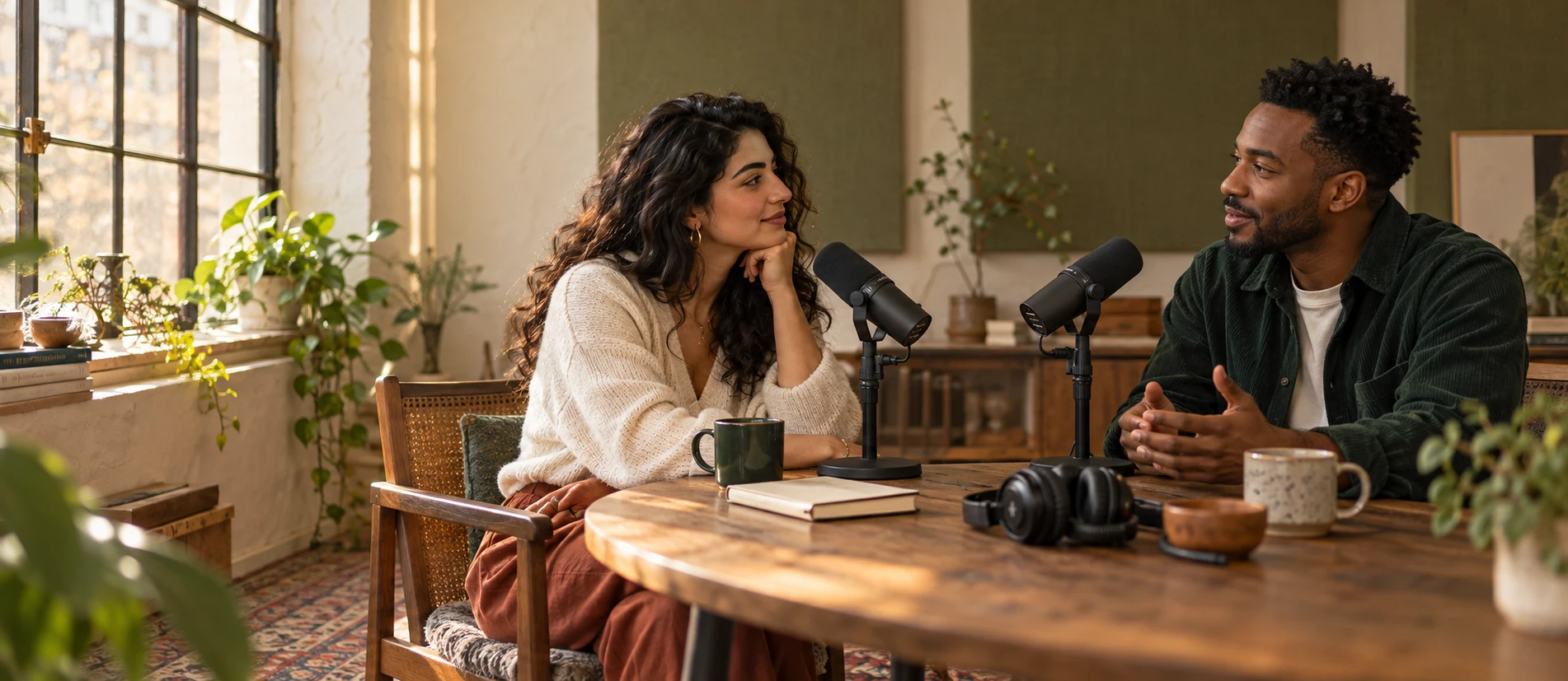 An editorial scene of podcast makers in conversation around two microphones