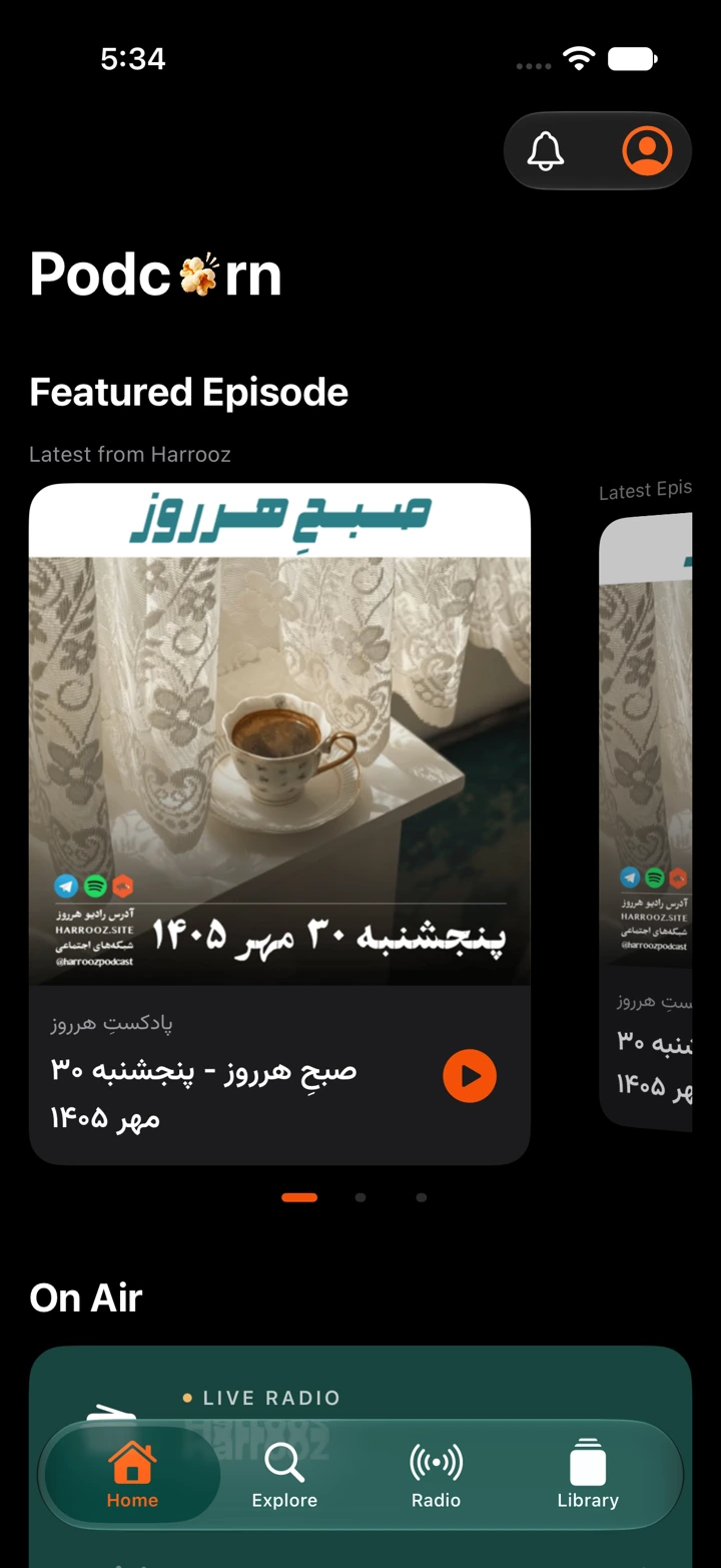 Podcorn iPhone Home with a featured podcast episode