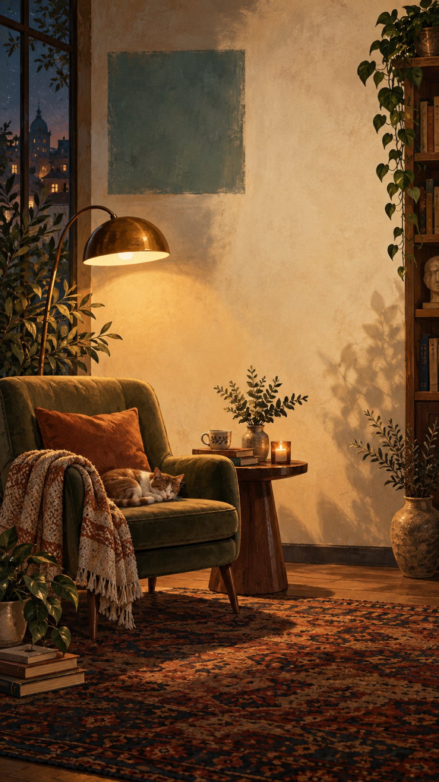 A warm, quiet reading room with books and a comfortable place to listen